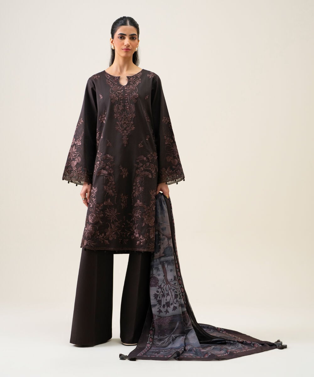Women's Unstitched Cotton Twill Embroidered Dark Brown 3 Piece Suit