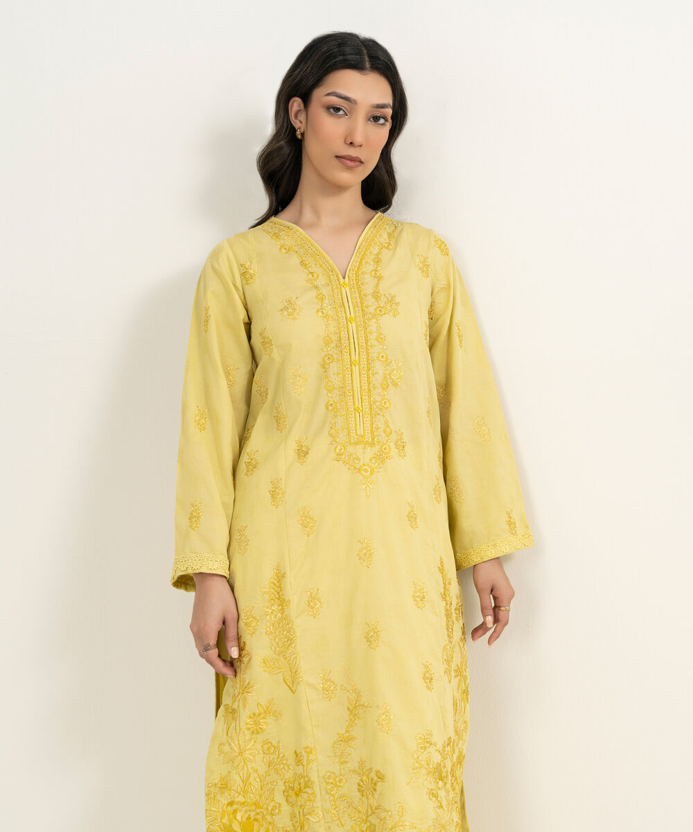 Women's RTW Self Jacquard Embroidered Yellow A-Line Shirt