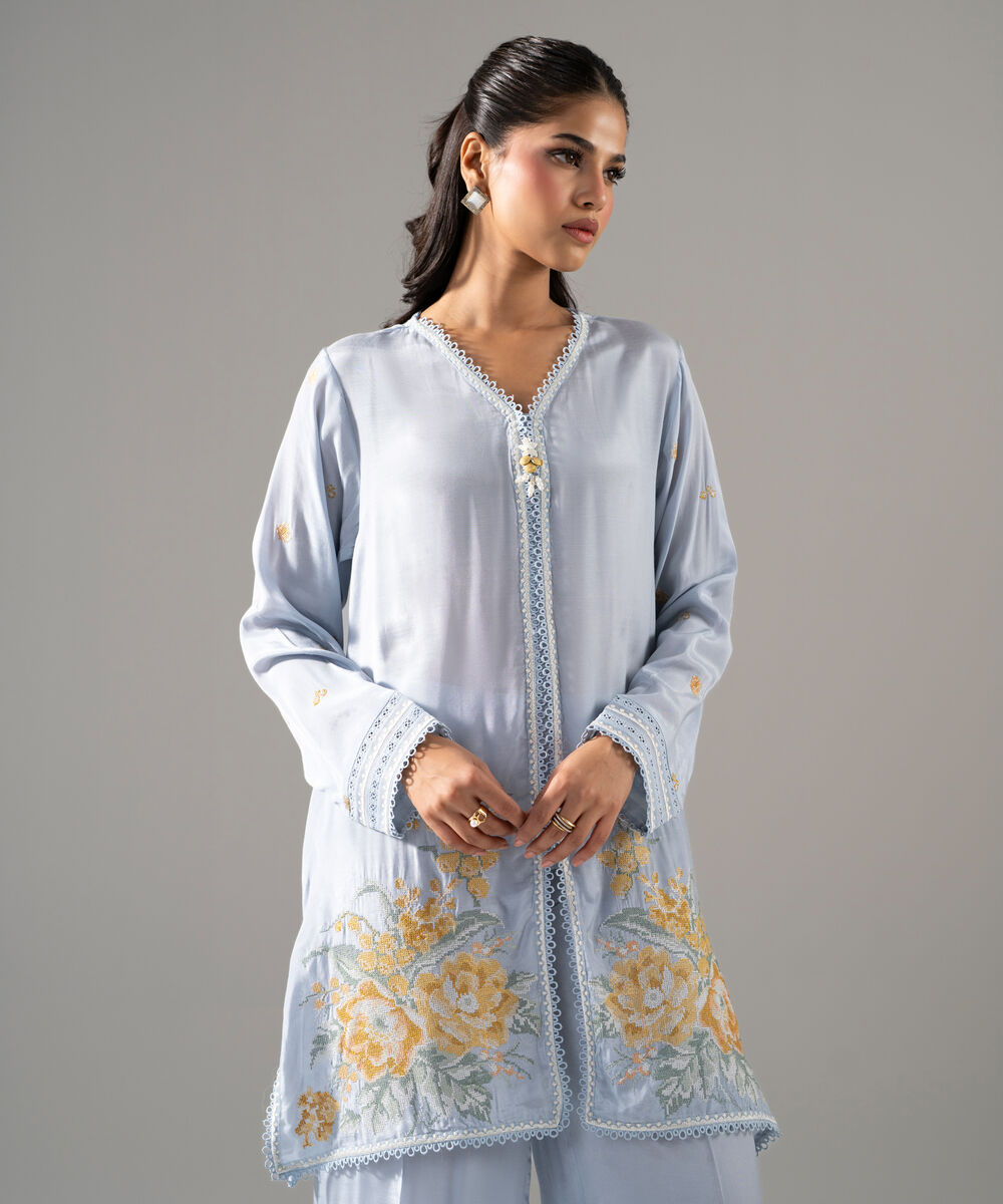 Women's RTW Thai Silk Solid Embroidered Blue 2 Piece Suit