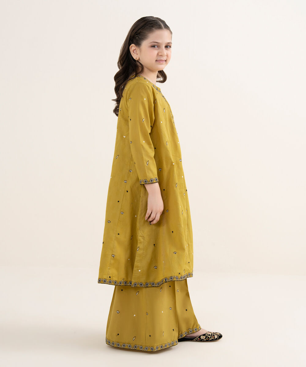 Girl's Cotton Jacquard Embroidered Yellow 2 Piece Set
