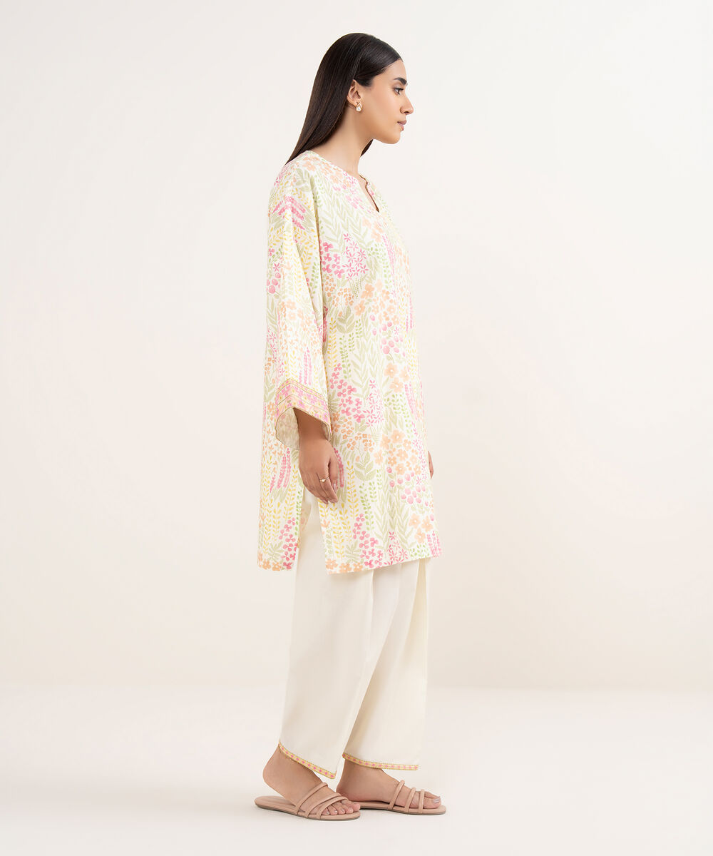 Women's RTW Lawn Off White Embroidered Drop Shoulder Shirt