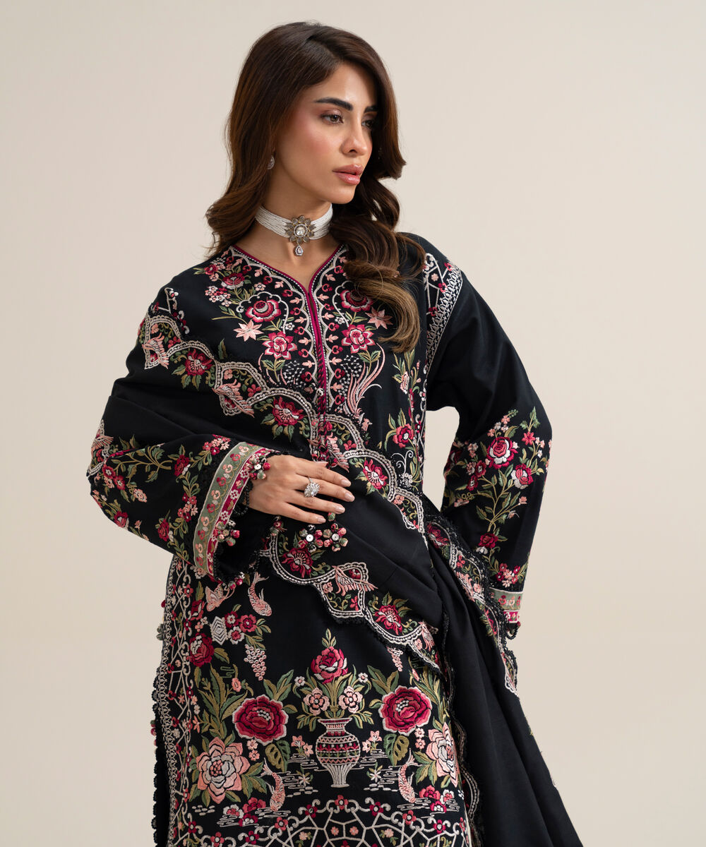 Women's Unstitched Basic Khaddar Embroidered Black 3 Piece Suit