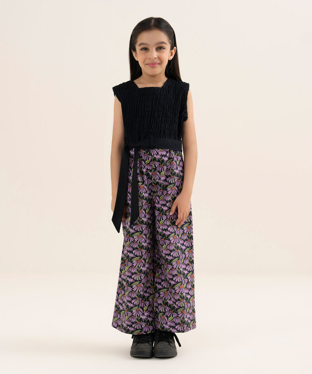 Girl's Khaddar Printed Black Jumpsuit