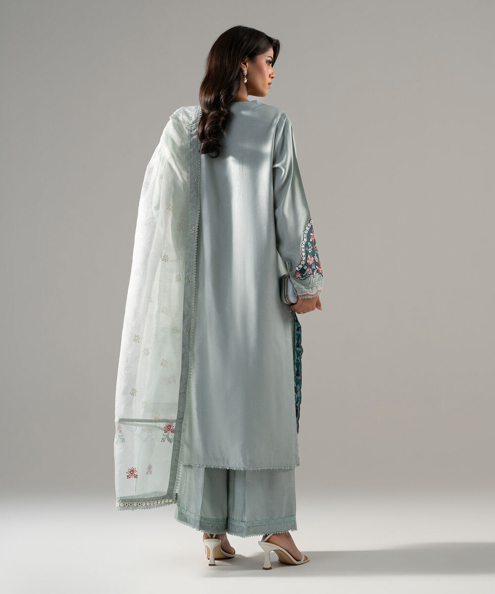 Women's RTW Raw Silk Solid Embroidered Seaform Green 3 Piece Suit
