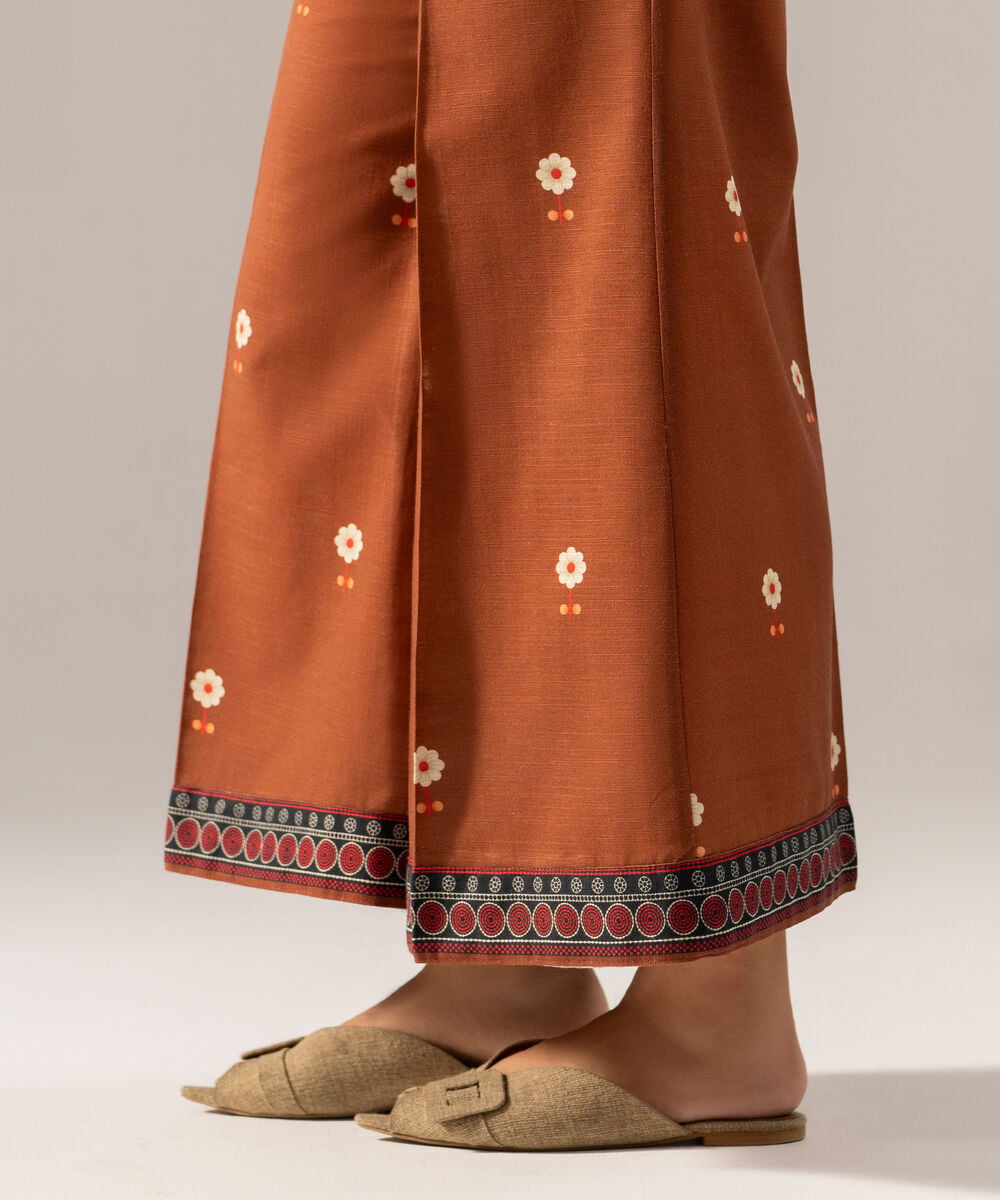 Women's RTW Printed Brown Khaddar Flared Pants