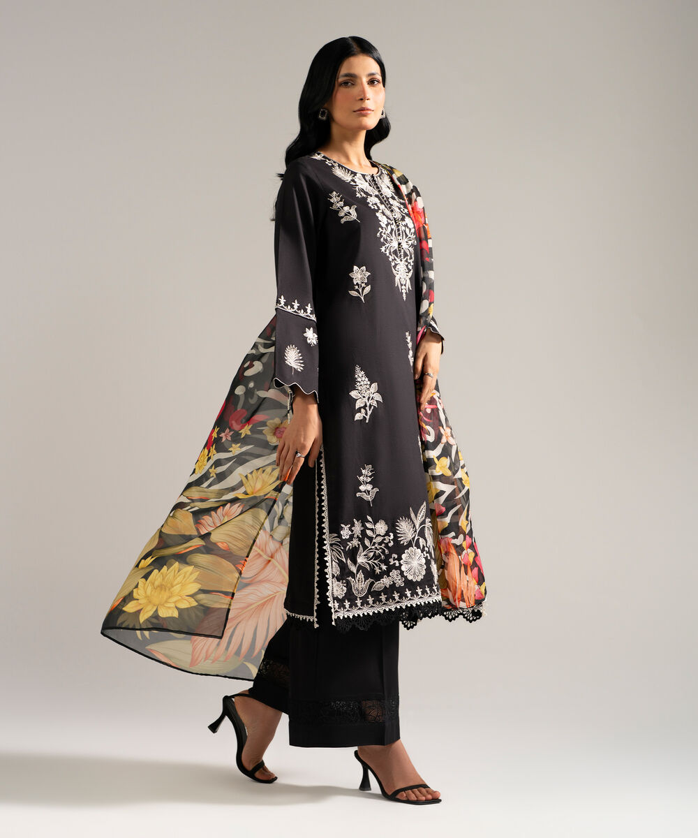 Women's RTW Dobby Crepe Embroidered Black 3 Piece Suit