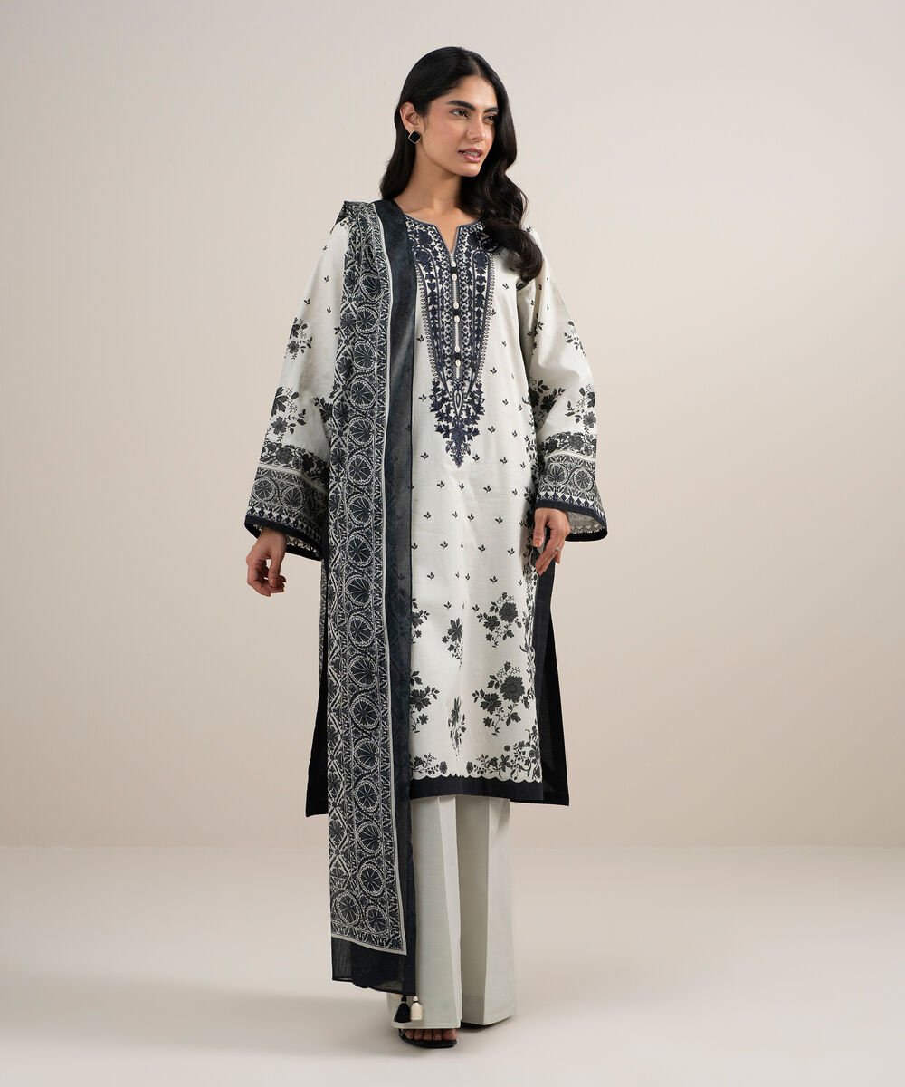 Women's Unstitched Lawn Embroidered Black and White 3 Piece Suit