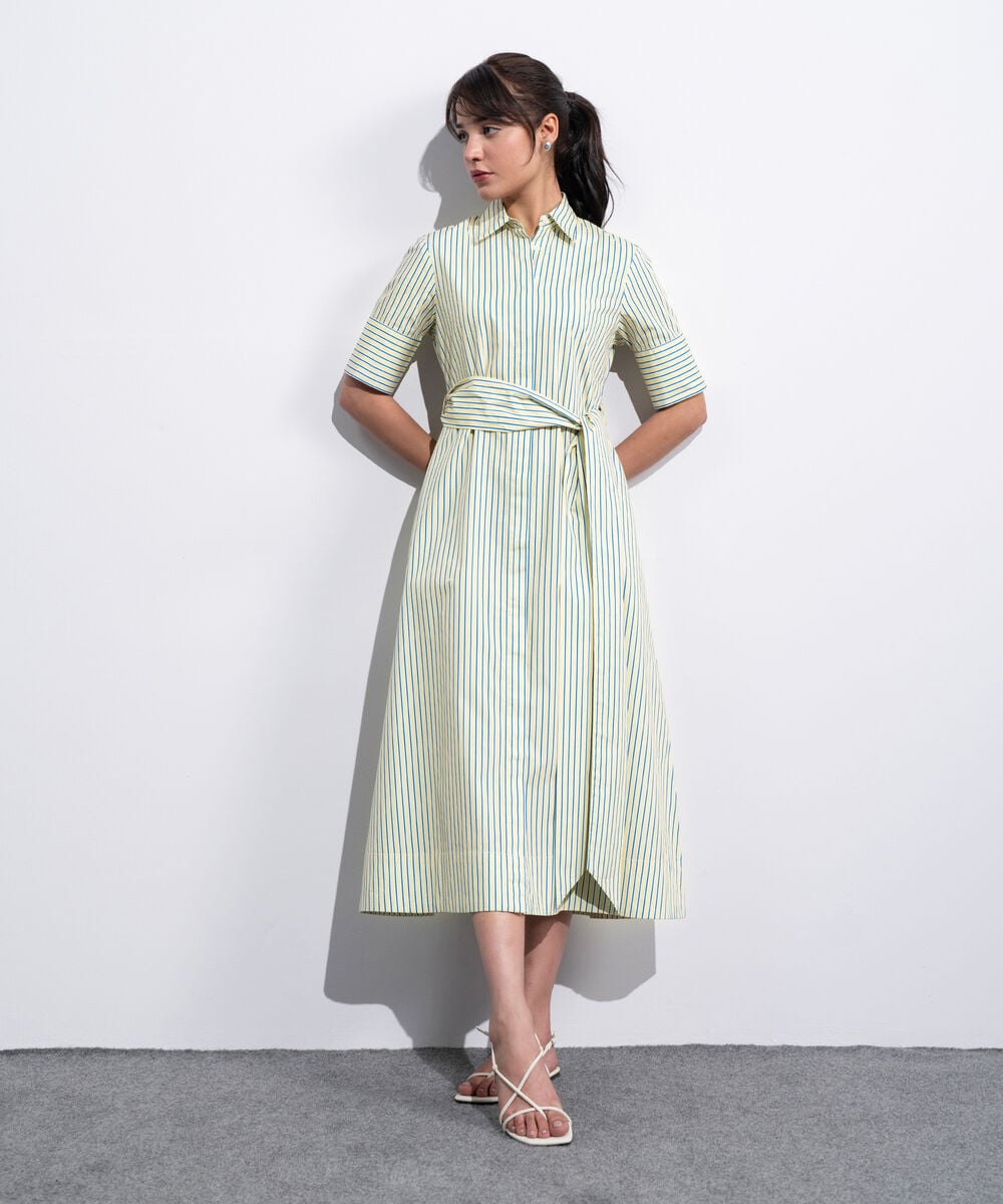 Women's Western Yellow And Blue Poplin Dress With Belt