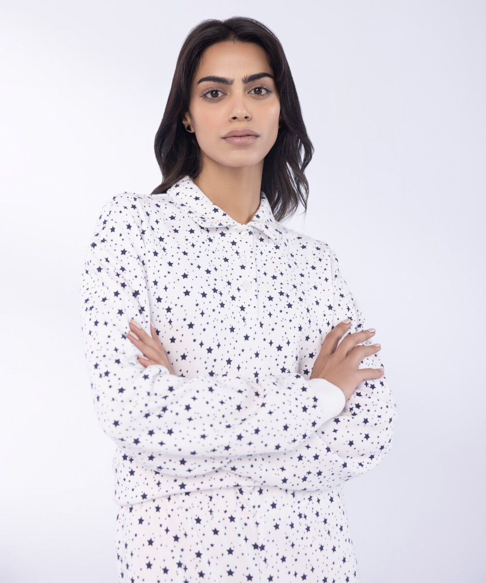 Woman - White Printed Henley Shirt