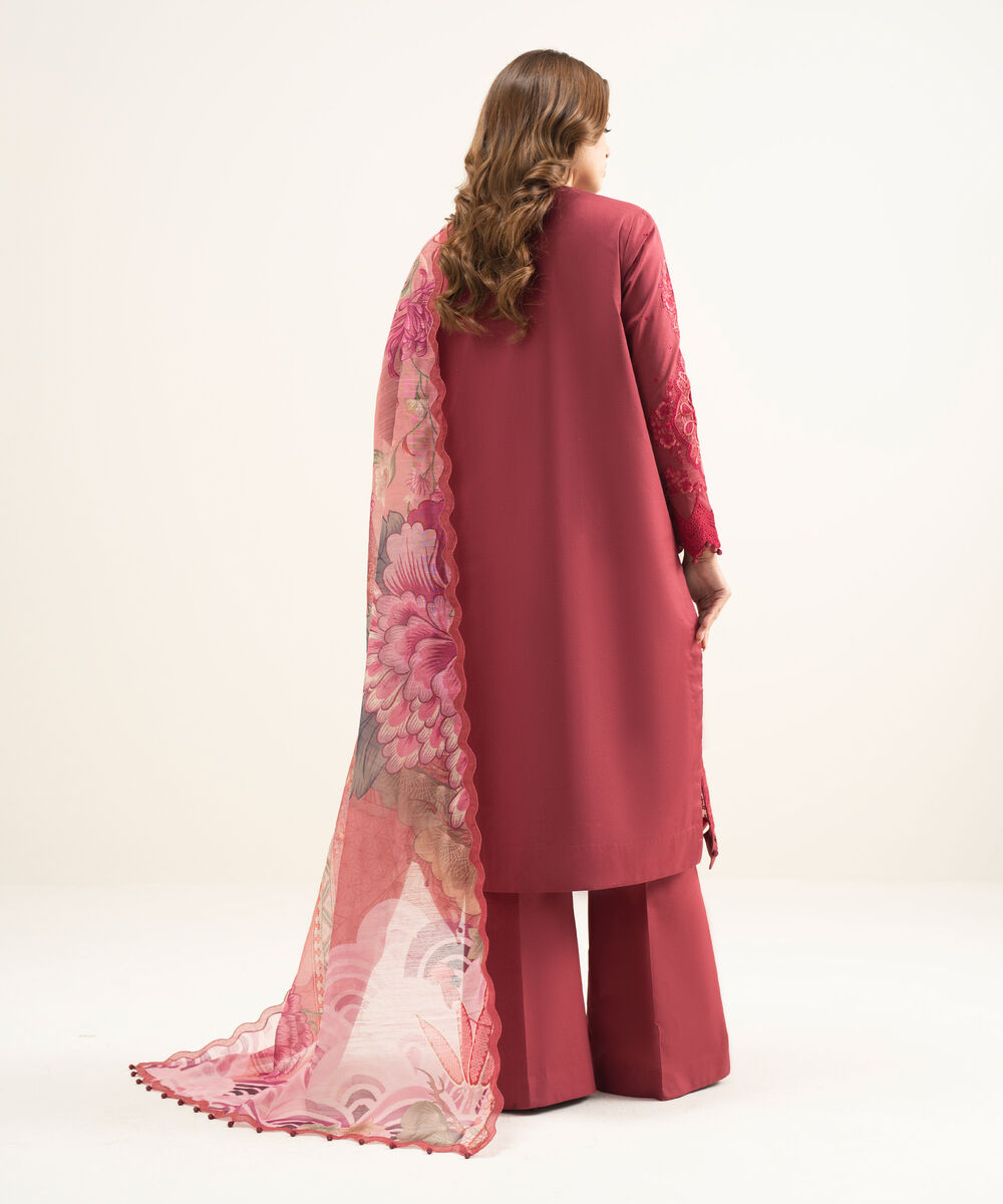 Women's Unstitched Textured Lawn Red Embroidered 3 Piece Suit