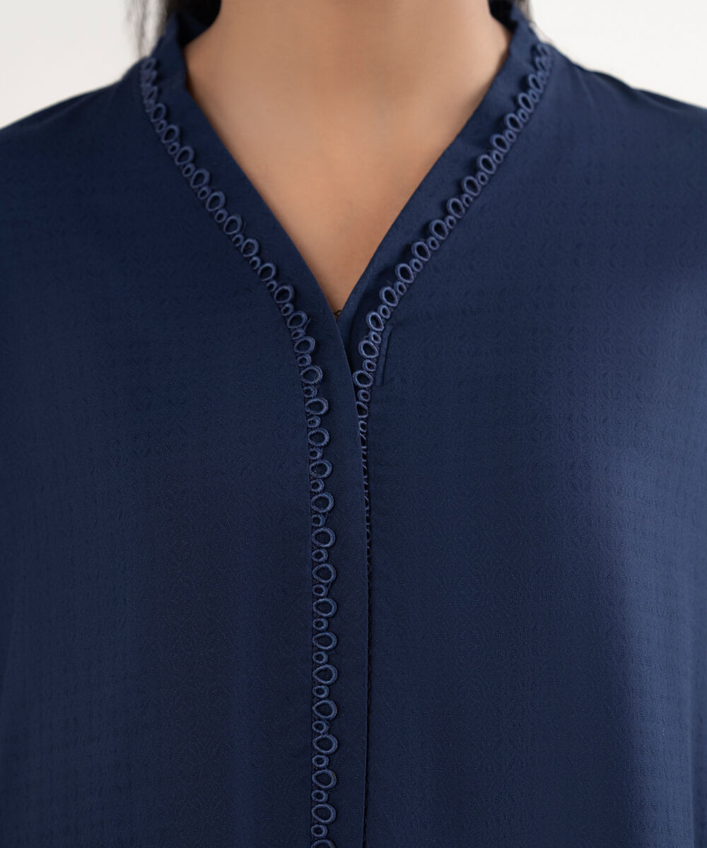 Women's RTW Textured Arabic Lawn Solid Blue Drop Shoulder Shirt