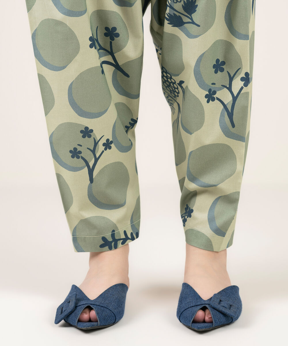 Women's RTW Cambric Printed Green Shalwar