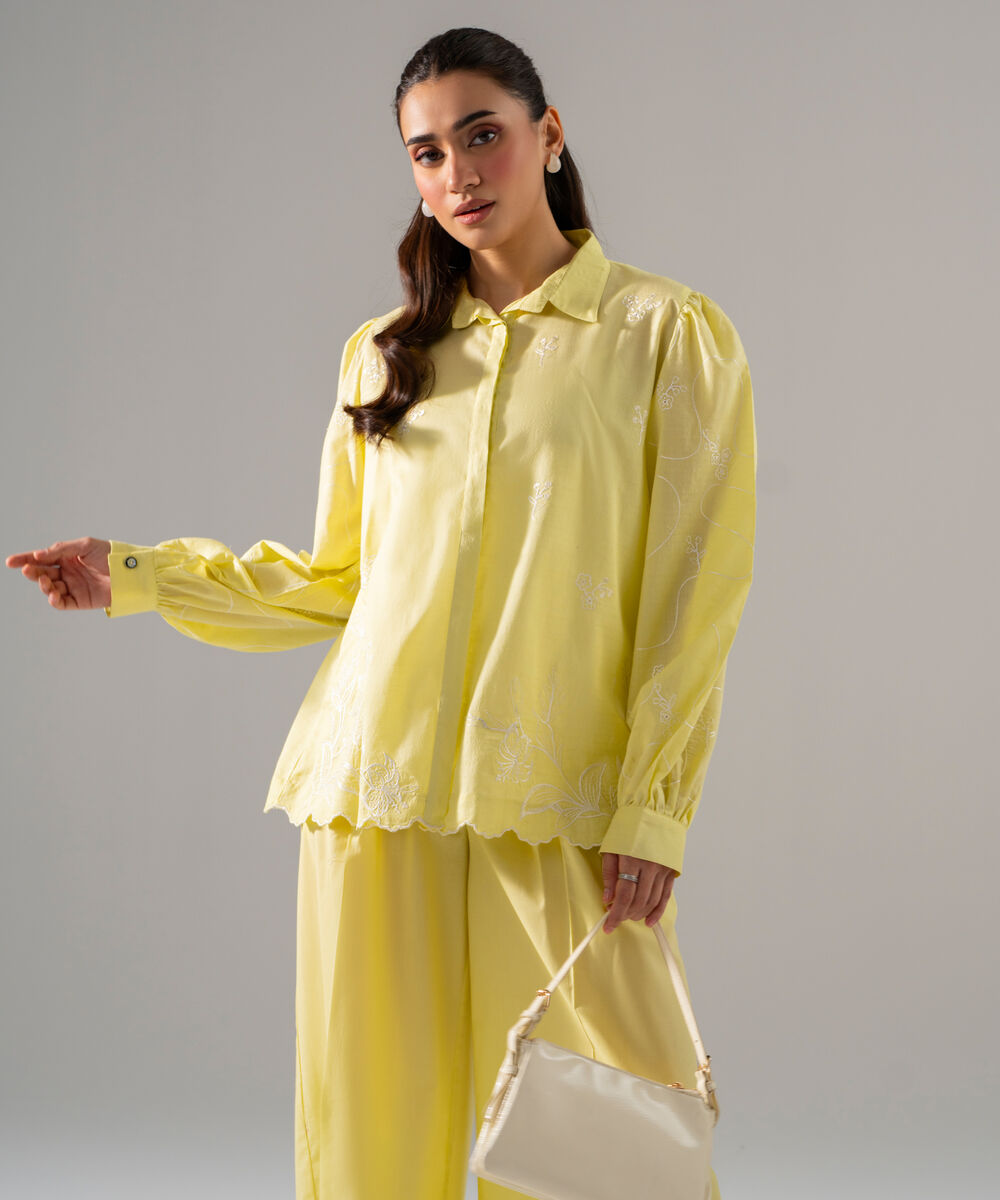 Women's RTW Dobby Solid Embroidered Pale Yellow 2 Piece Suit