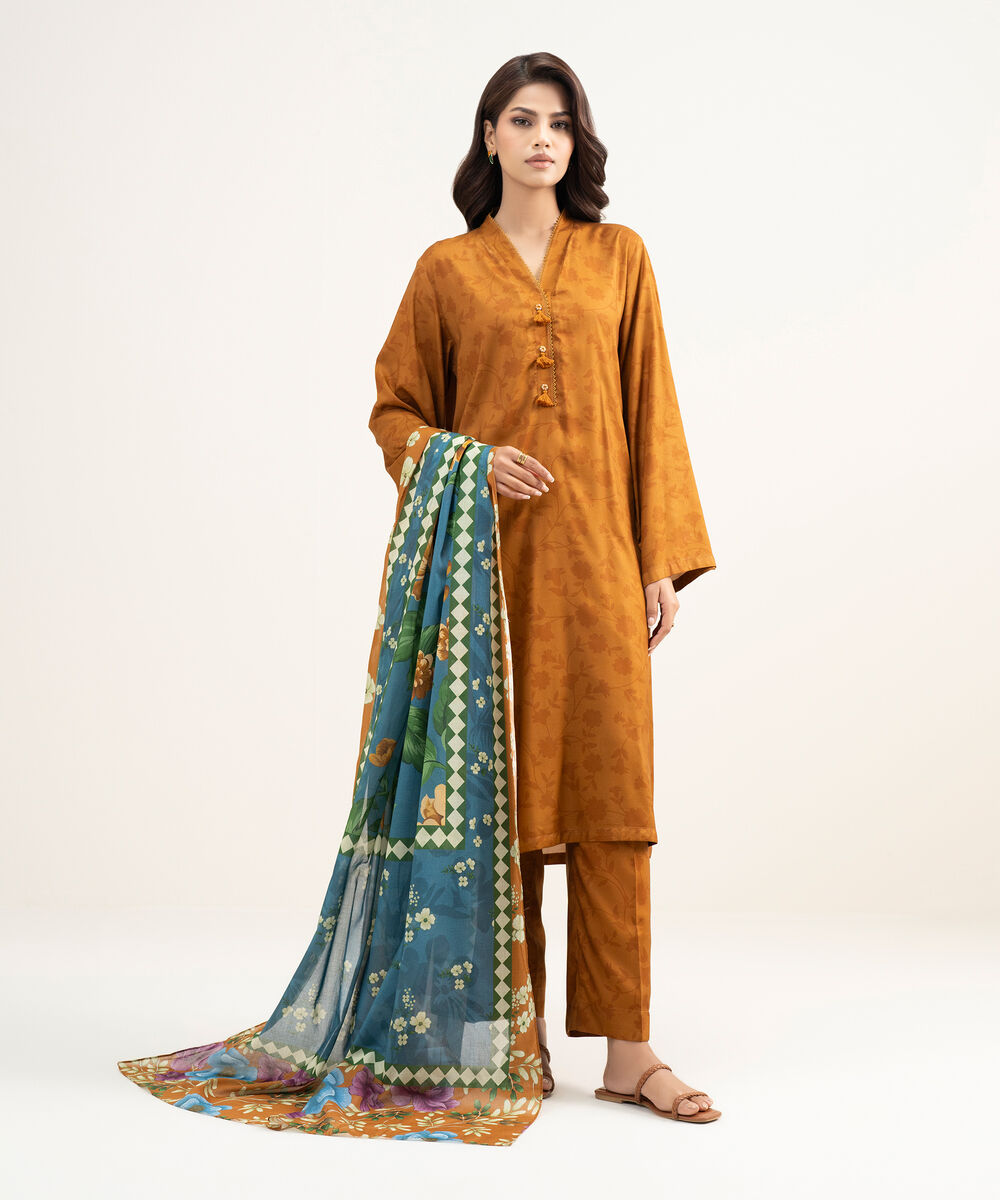 Women's RTW Arabic Lawn Printed Mustard Brown Straight Shirt
