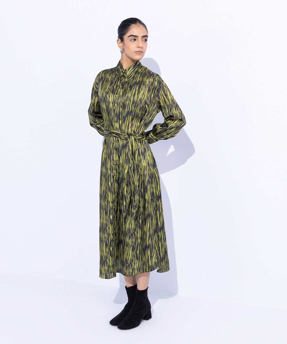 Woman - Green Silky Printed Dress with Belt