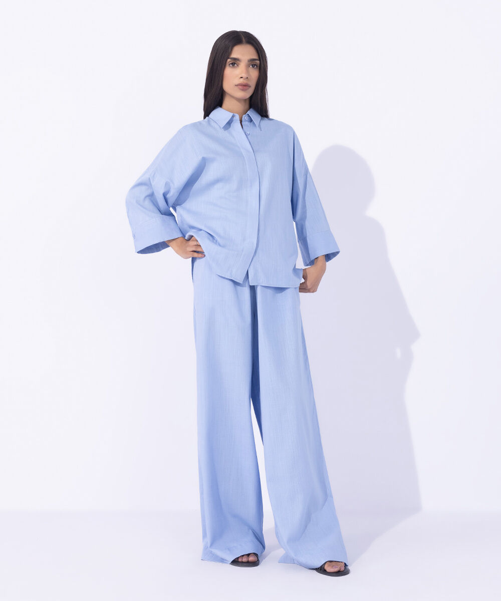 Women's Western Wear Blue Textured Pull On Trousers