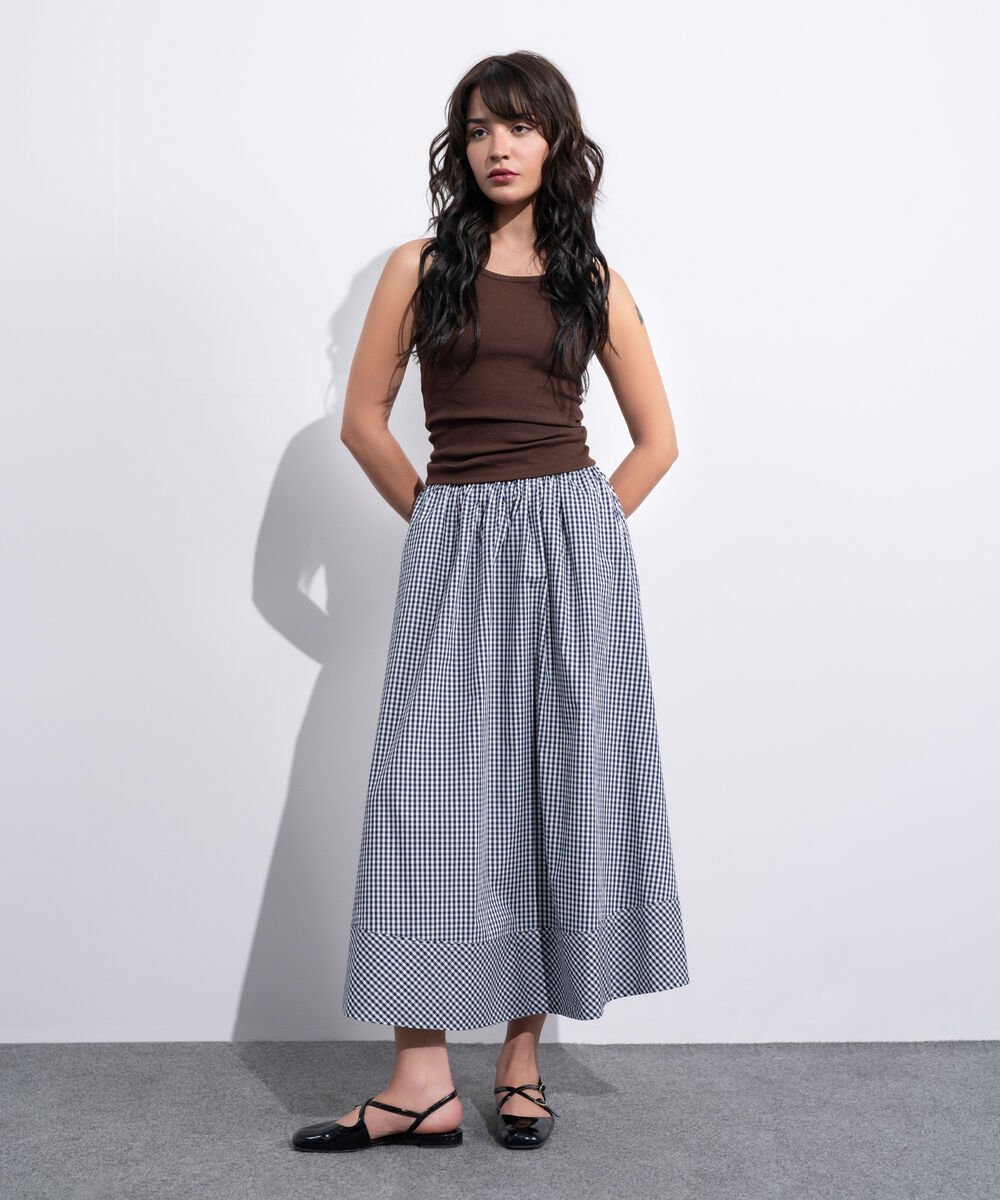 Women's Western White And Navy Flared Gingham Skirt