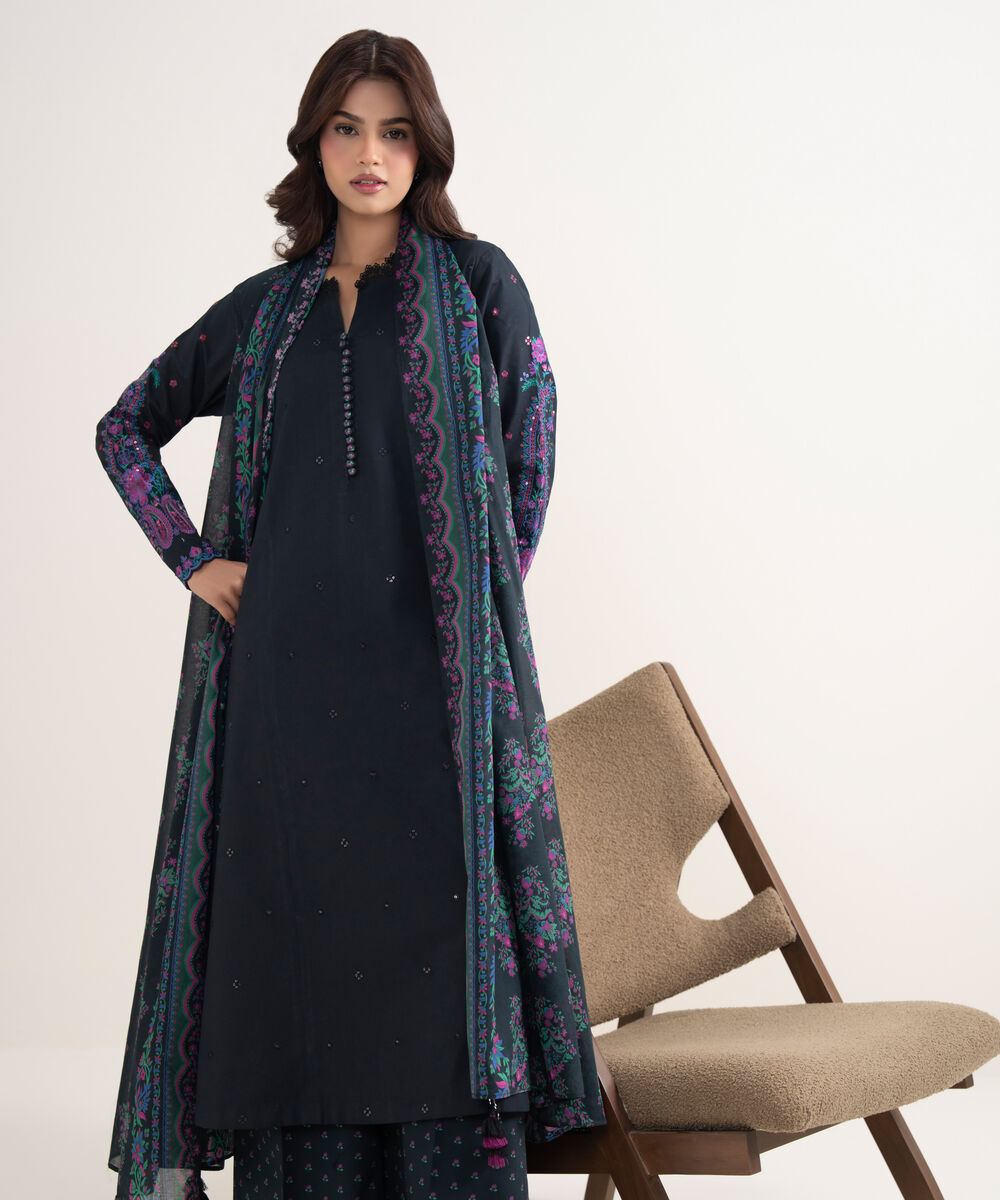 Women's Unstitched Textured Lawn Black Embroidered 3 Piece Suit