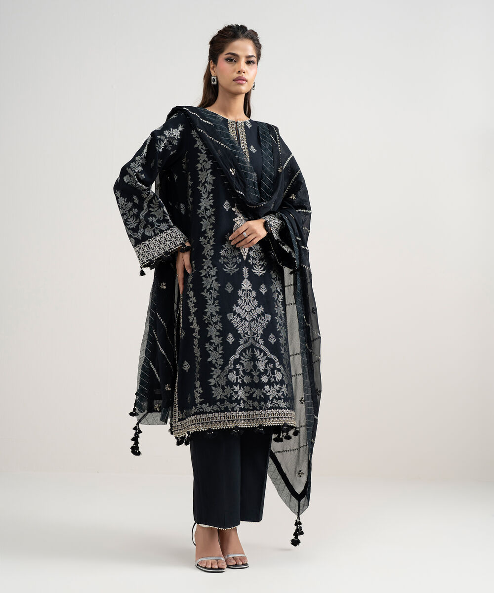 Women's Unstitched Extra Weft Jacquard Embroidered Black 3 Piece Suit