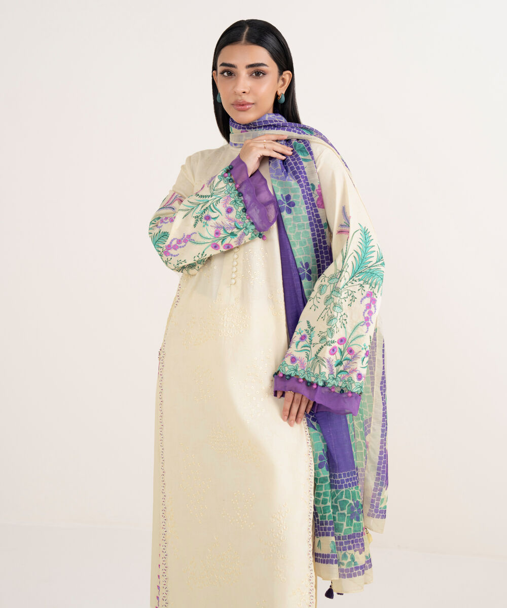 Women's Unstitched Cotton Jacquard Embroidered Off White 3 Piece Suit