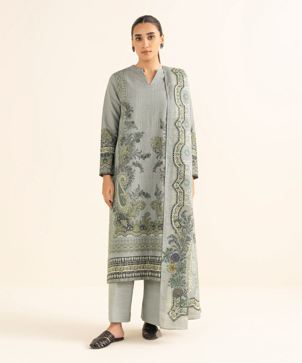 Women's Unstitched Khaddar Printed Grey 3 Piece Suit