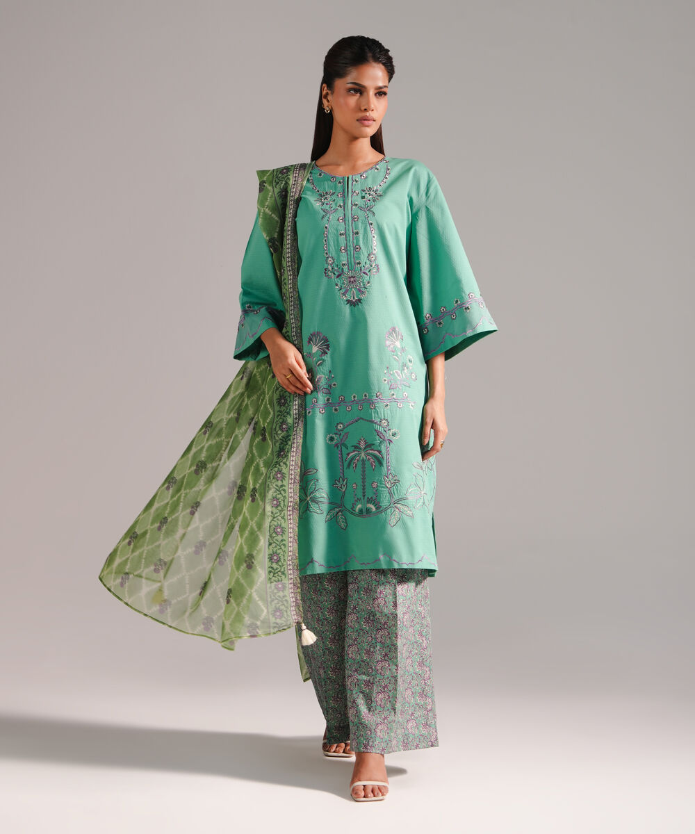 Women's RTW Dobby Embroidered Green 3 Piece Suit
