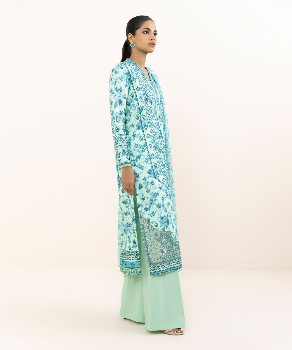 Women's Unstitched Cotton Viscose Embroidered Blue 3 Piece Suit