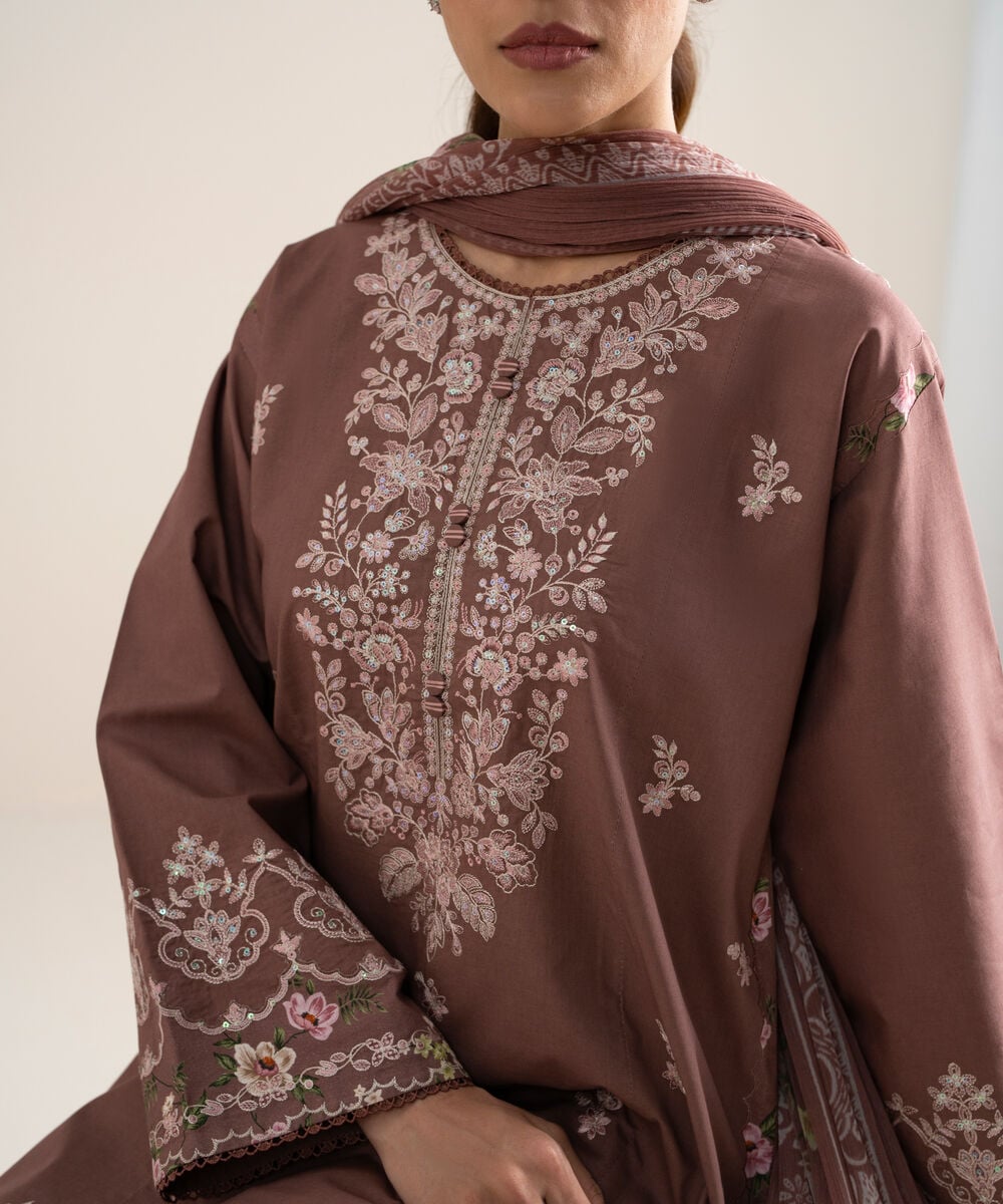 Women's Unstitched Slub Lawn Embroidered Brown 3 Piece Suit