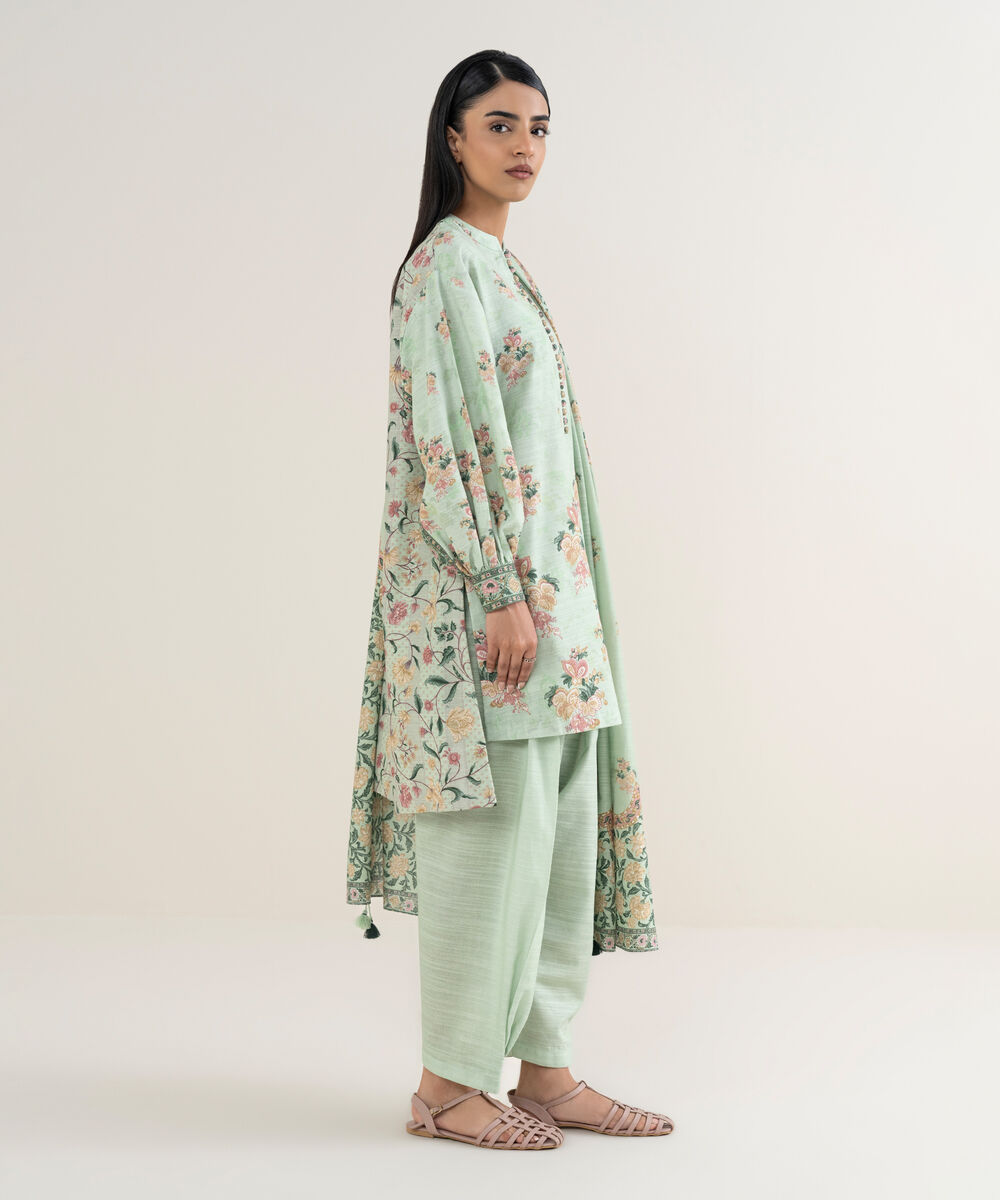 Women's Unstitched Printed Cotton Aqua 3 Piece Suit