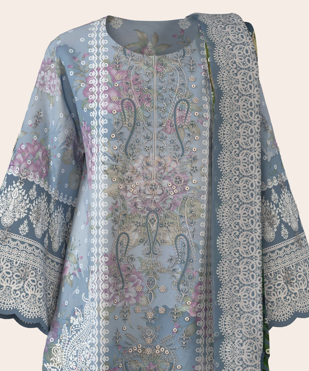 Women's Unstitched Lawn Blue  Embroidered 3 Piece Suit