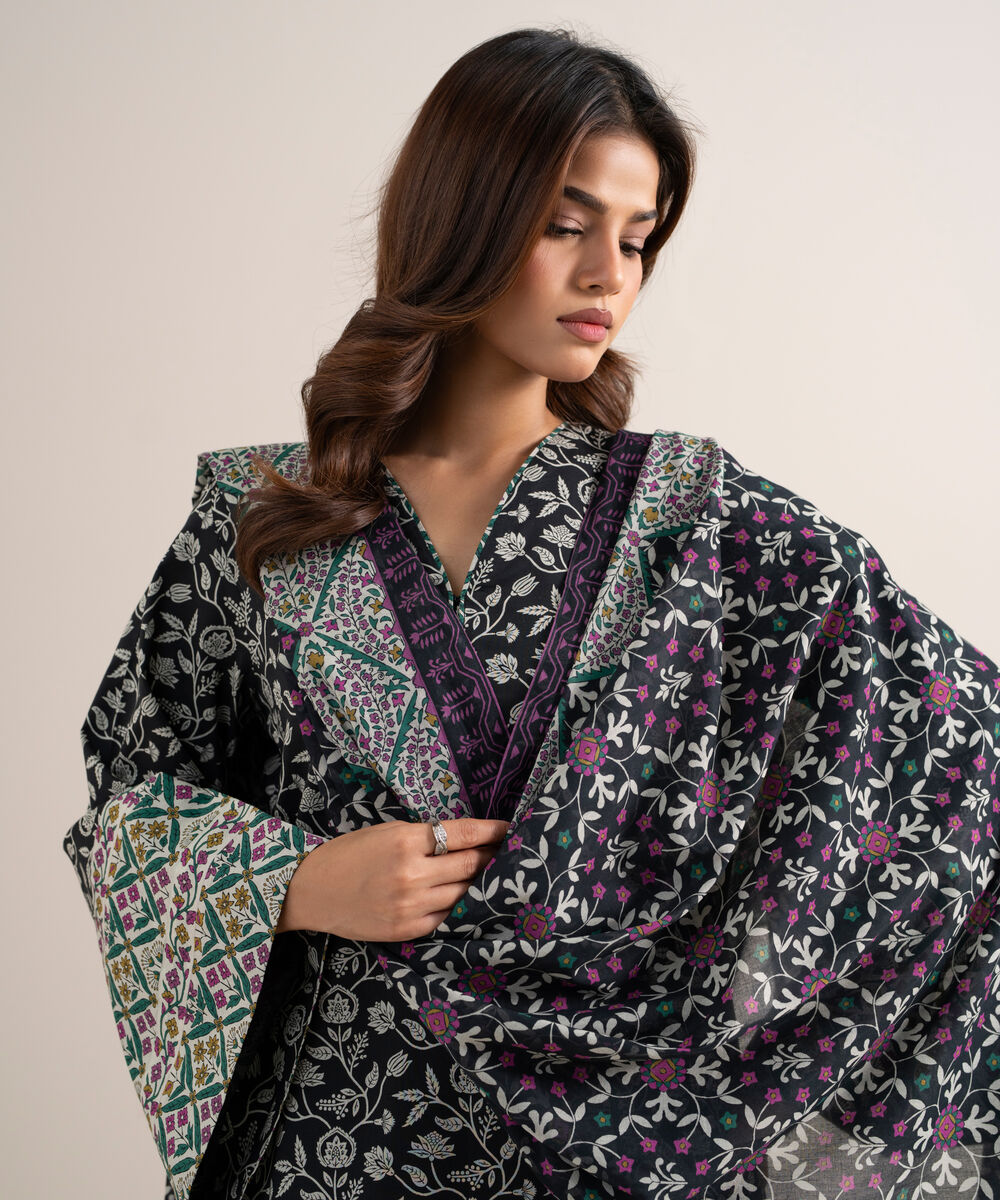 Women's Unstitched Lawn Printed Black 3 Piece Suit
