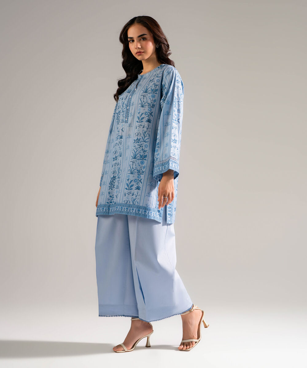 Women's RTW Slub Lawn Printed Blue Straight Shirt