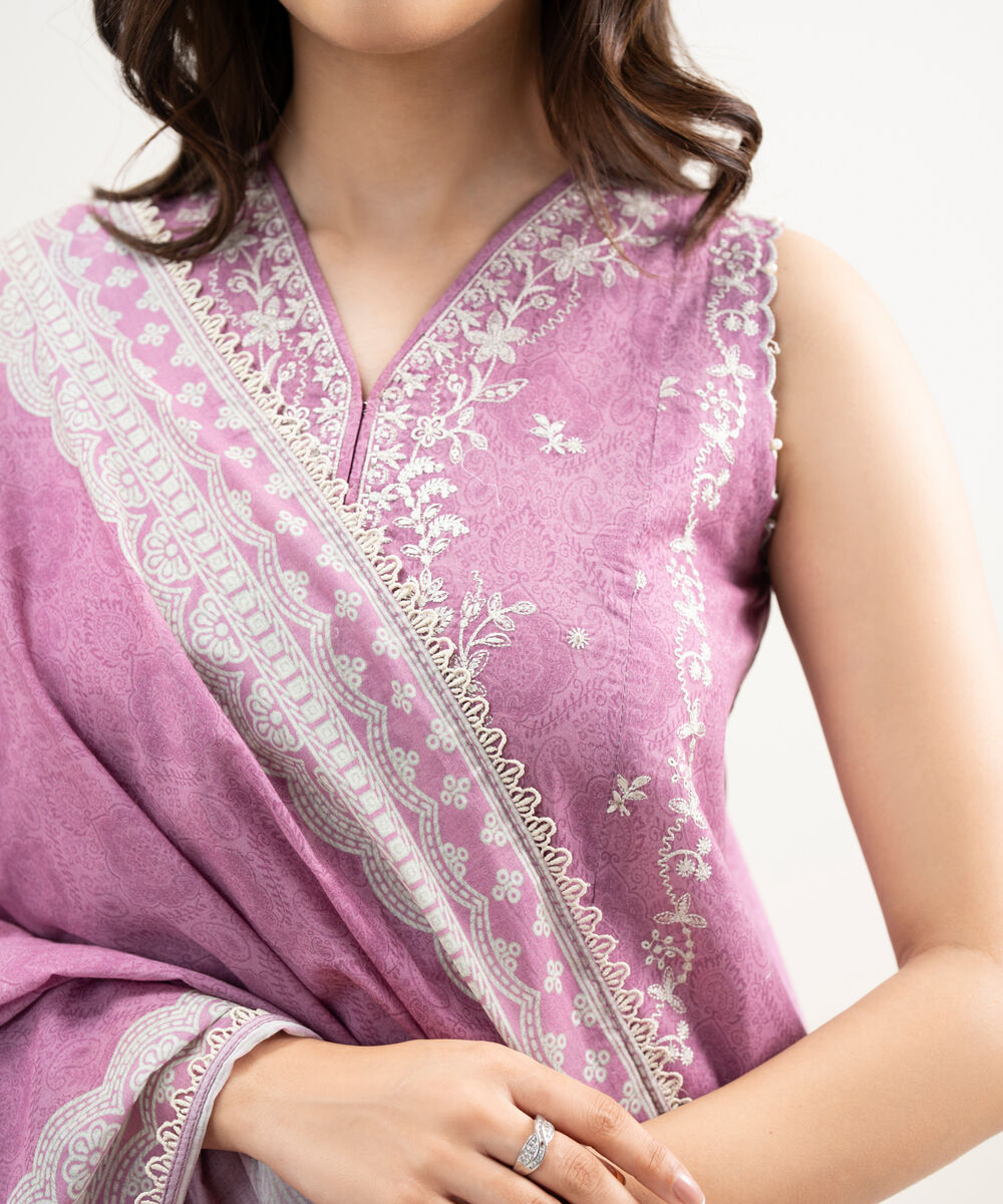 Women's Unstitched Lawn Embroidered Pink 3 Piece Suit