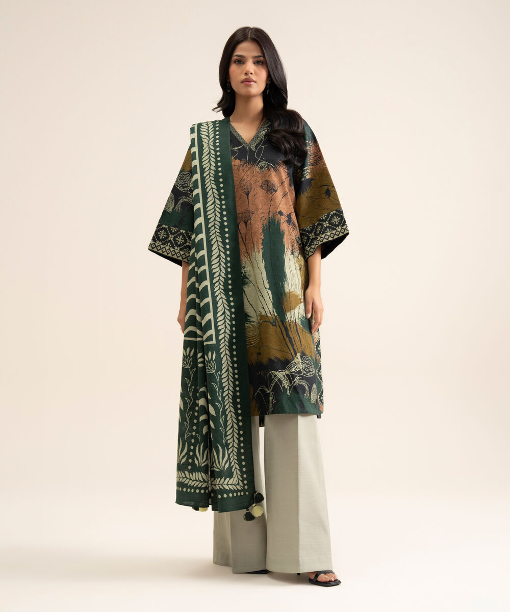 Women's Unstitched Light Khaddar Printed Multi 3 Piece Suit