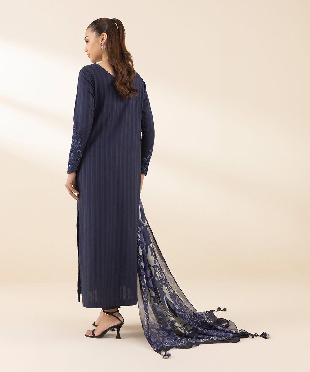 Unstitched Women's Blue Dobby Embroidered 3 Piece Suit