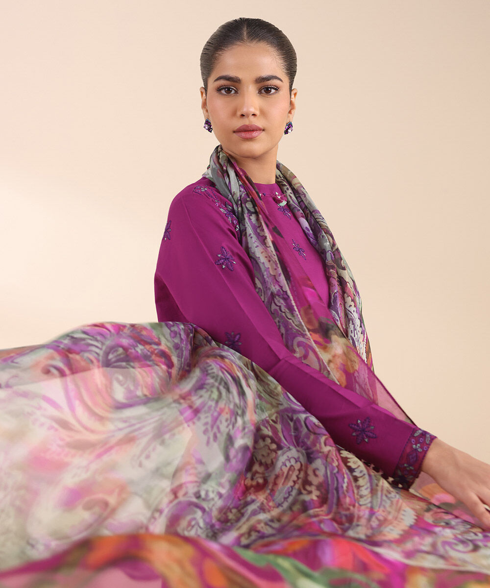 Women's Unstitched Purple Cotton 3 Piece Suit