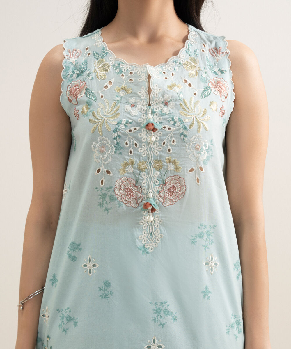 Women's Unstitched Lawn Embroidered Aqua 3 Piece Suit