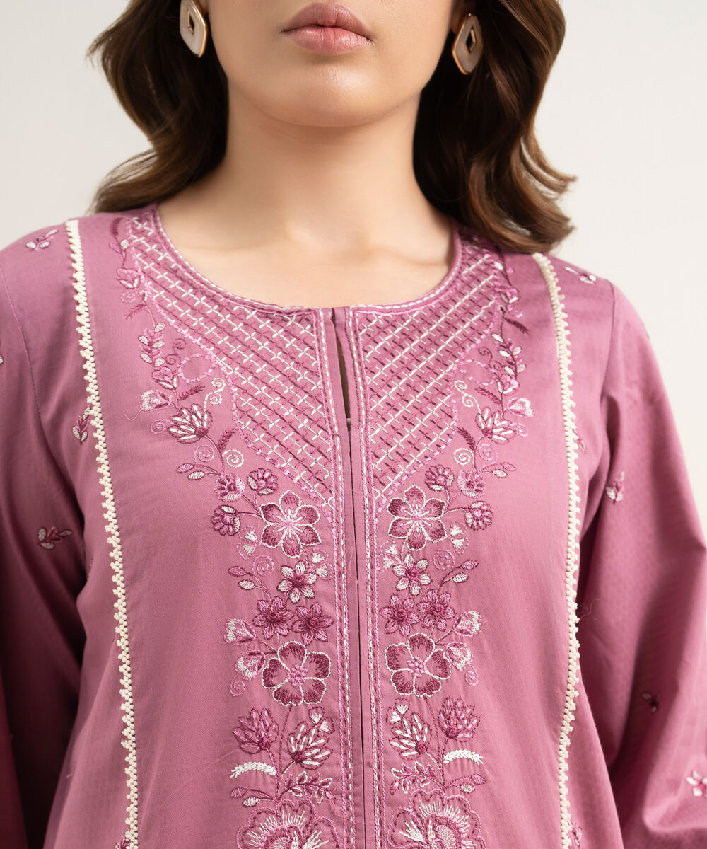 Women's RTW Dobby Embroidered Pink A-Line Shirt