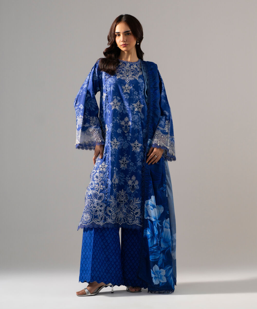 Women's RTW Self Jacquard Printed Embroidered Blue 3 Piece Suit
