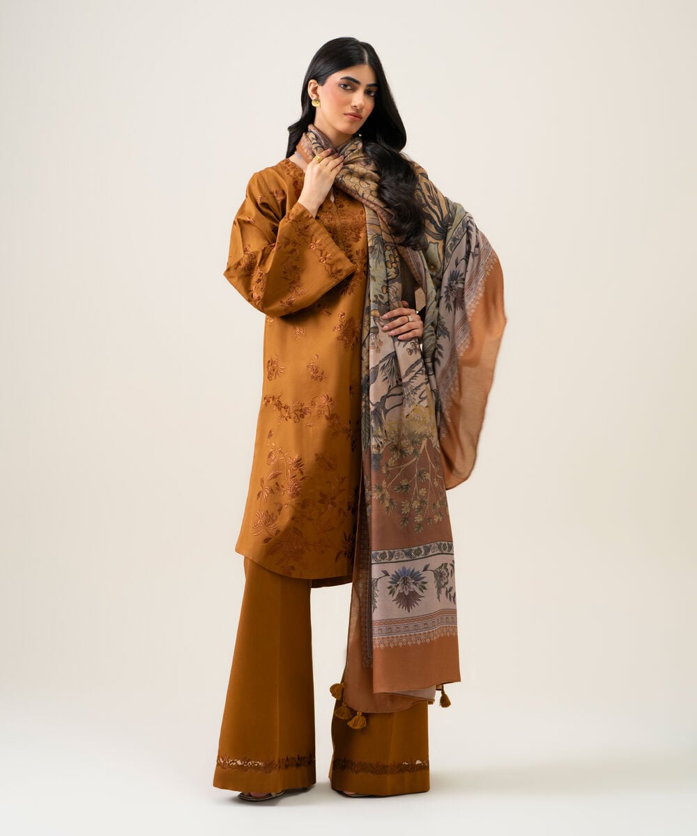 Women's Unstitched Cotton Twill Embroidered Mustard 3 Piece Suit
