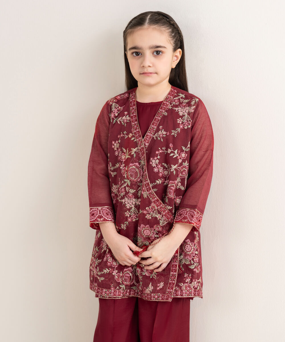 Girl's Blended Textured Karandi Embroidered Red 2 Piece Suit