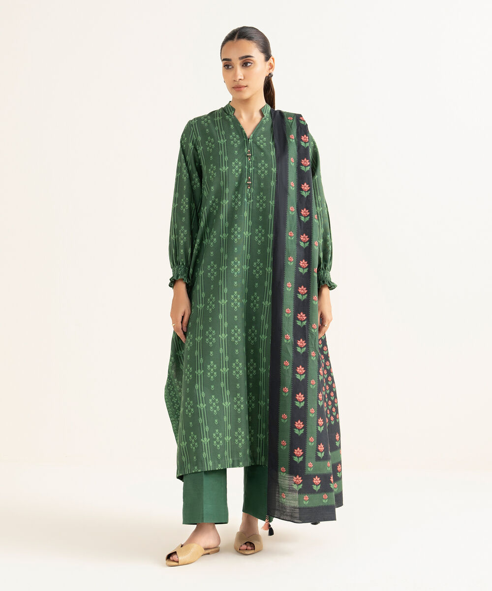 Women's Unstitched Light Khaddar Printed Green 2 Piece Suit