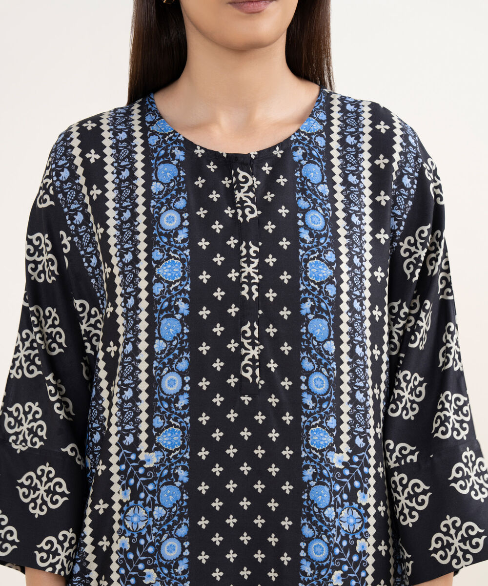 Women's RTW Arabic Lawn Black Printed Drop Shoulder Shirt
