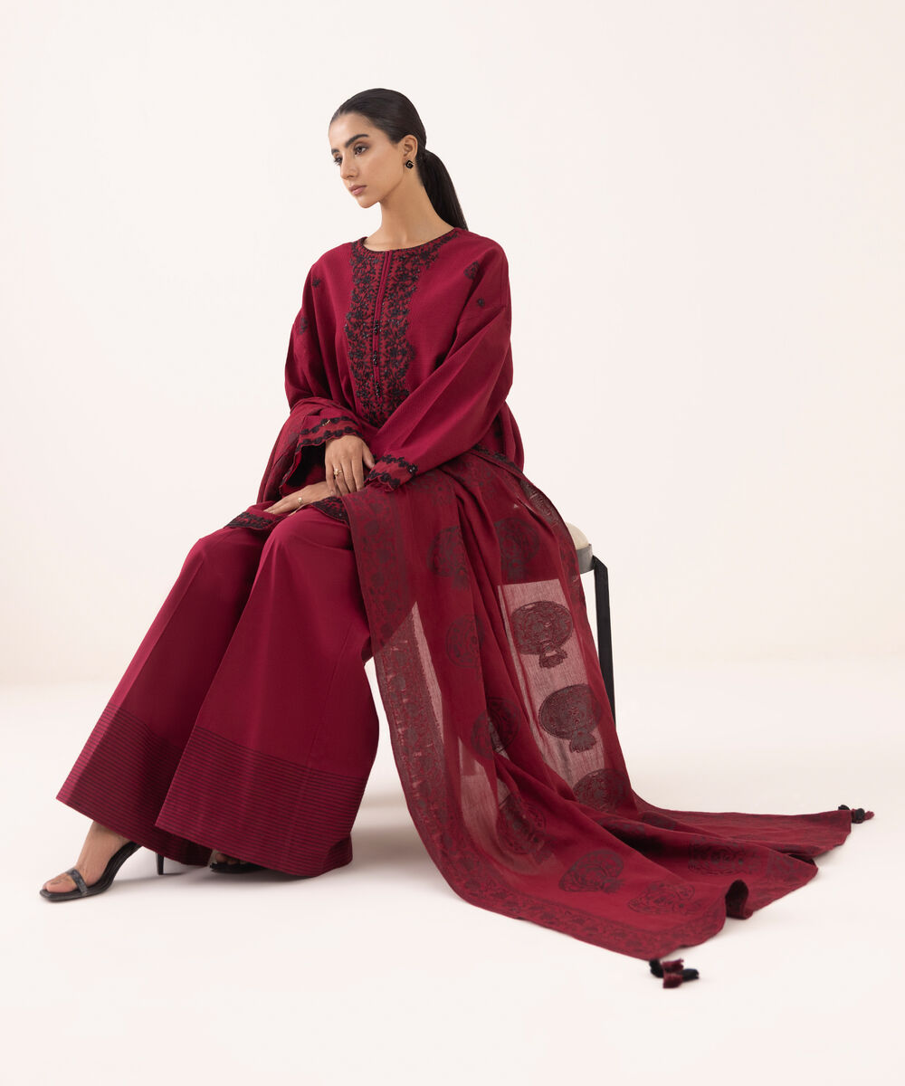 Women's Unstitched Dobby Embroidered Maroon Three Piece Suit