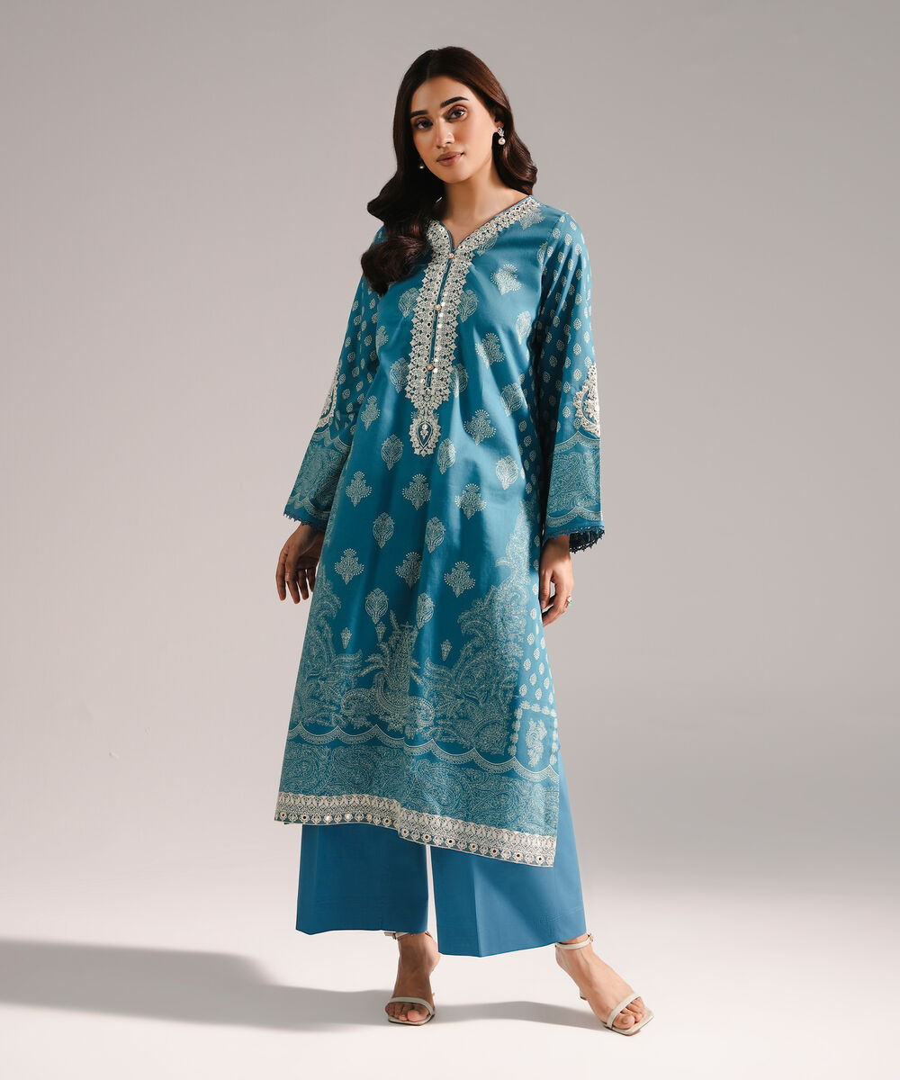 Women's RTW Textured Cotton Embroidered Blue 2 Piece Suit