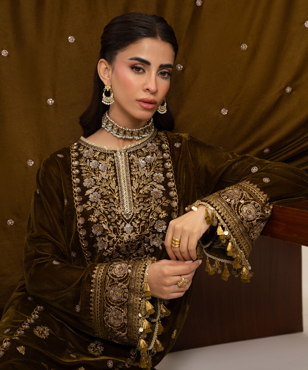 Women's Unstitched Velvet Embroidered Dark Brown 3 Piece Suit