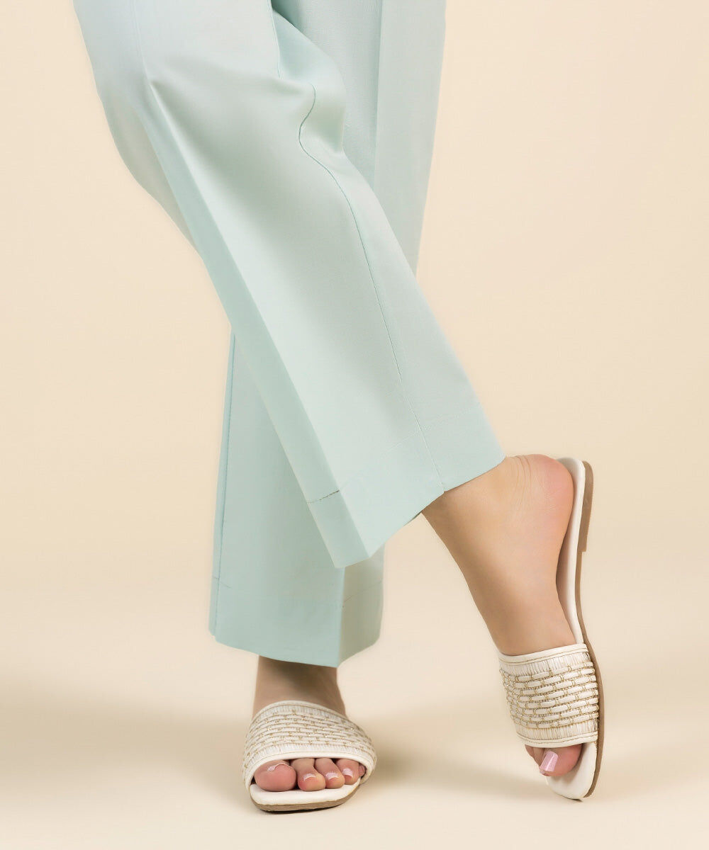 Woman - Blue Solid Cambric Straight Pants