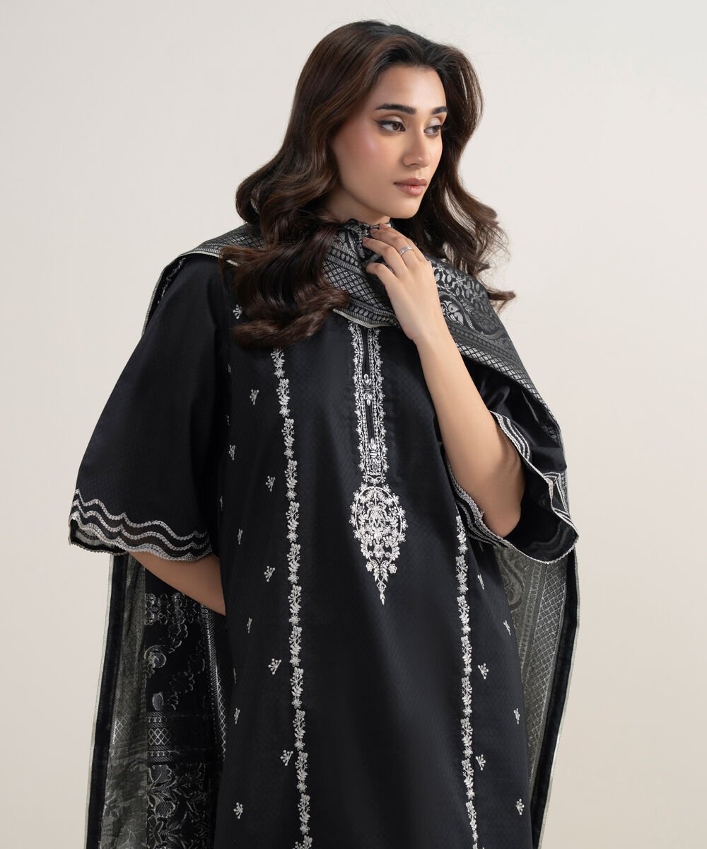 Women's Unstitched Dobby Embroidered Black 3 Piece Suit