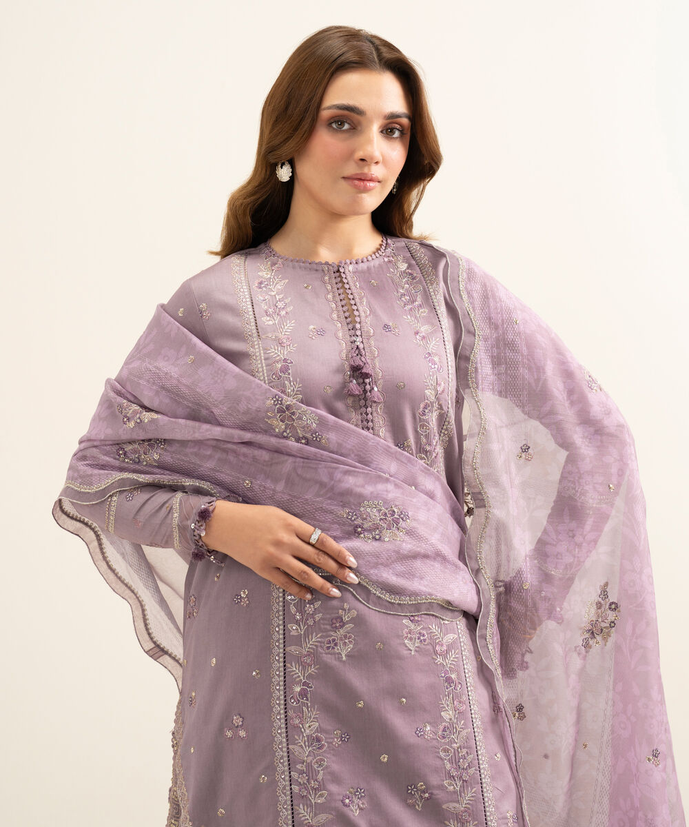 Women's Unstitched Fine Cotton Satin Embroidered Purple 3 Piece Suit