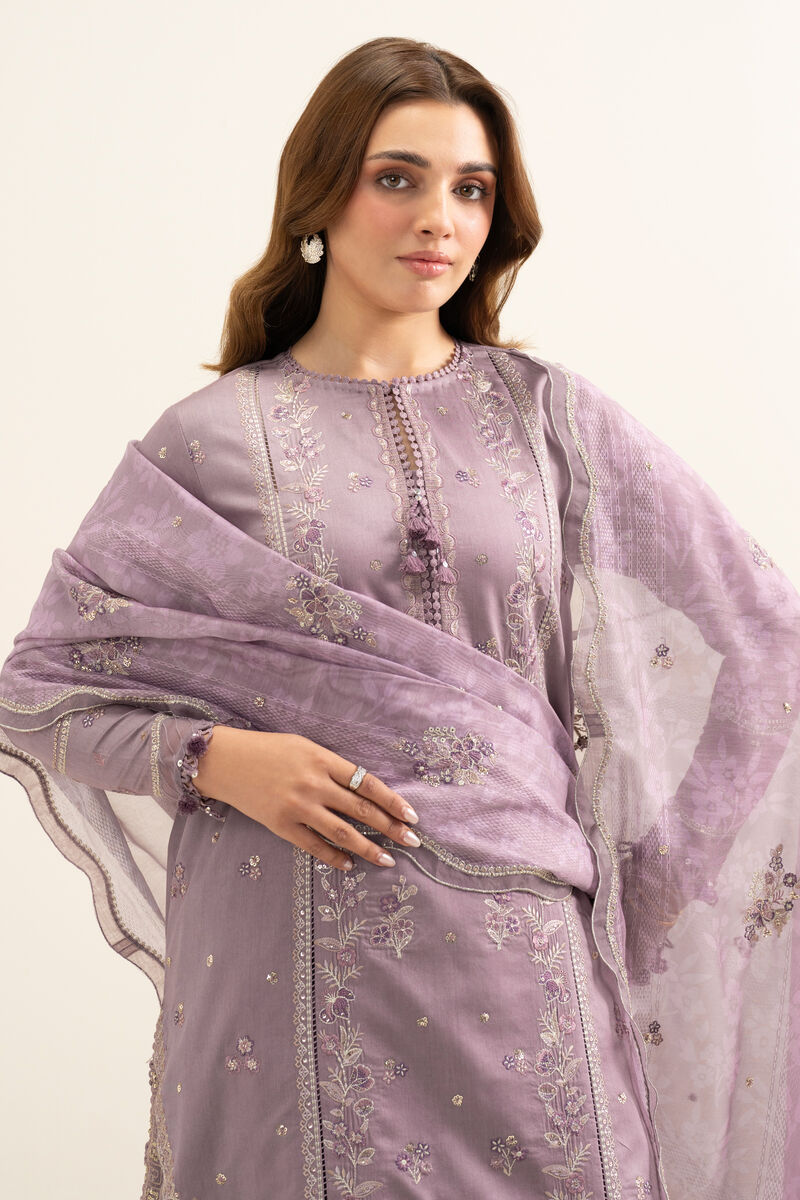 3 Piece - Embroidered Cotton Satin Suit